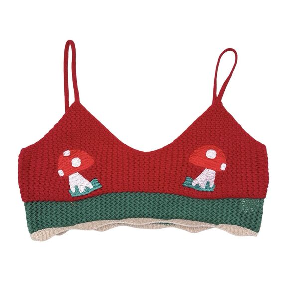 Crochet Knit Top Size Large Mushroom Print Drugs Psychedelic Crop Tank Hippie - Picture 1 of 6